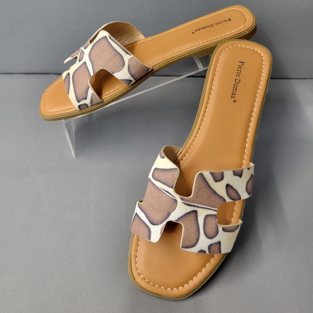 Pierre Dumas Sandals Flats Womens 10 Brown White Slides Slip-On Animal Print